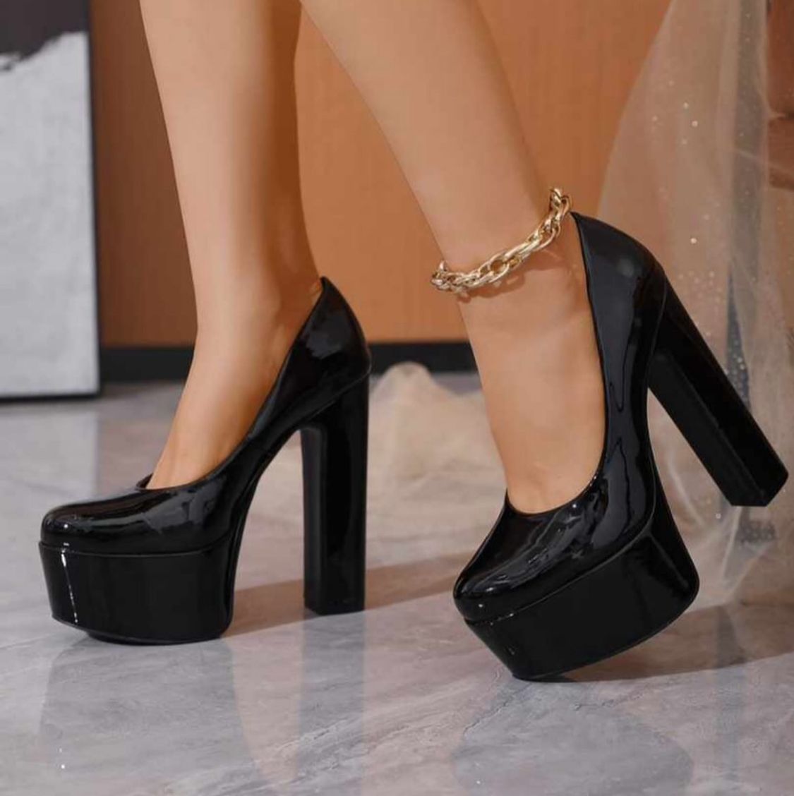 Stiletto Taco Cuadrado Negro Charol Ac-815
